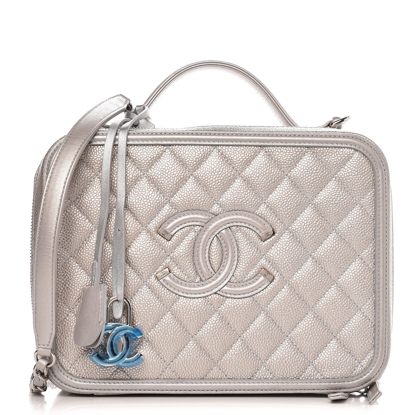 Metallic Caviar Quilted Large CC Filigree Vanity Case Silver