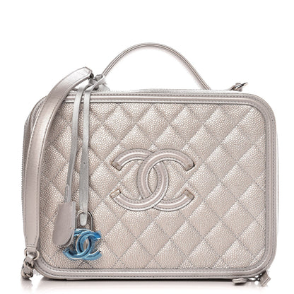 Chanel Metallic Caviar Quilted Large CC Filigree Vanity Case Silver 1 of 8