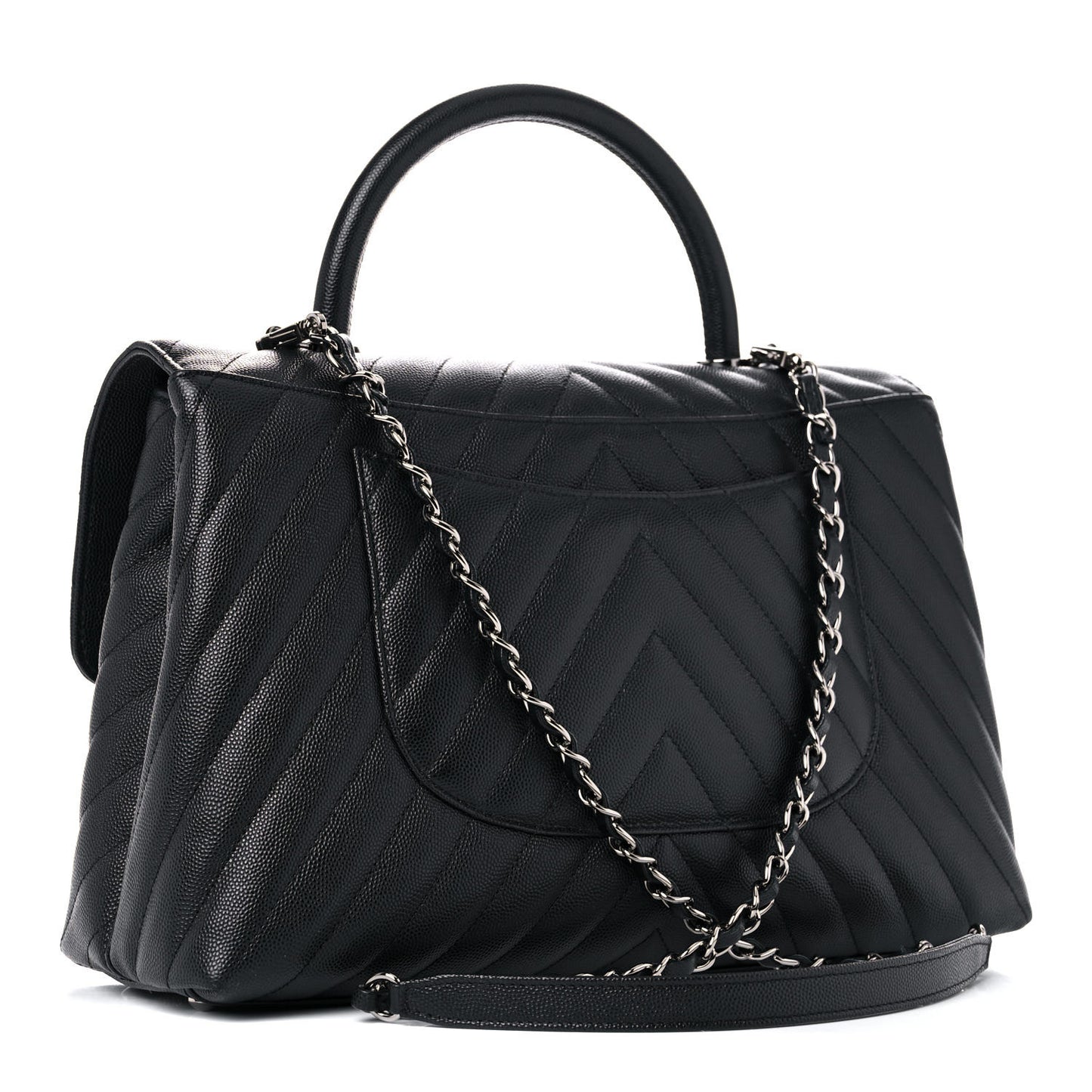 Caviar Chevron Quilted Medium Coco Handle Flap Black