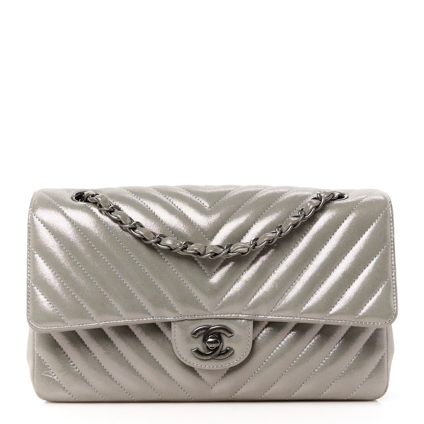 Iridescent Calfskin Chevron Quilted Medium Double Flap Silver