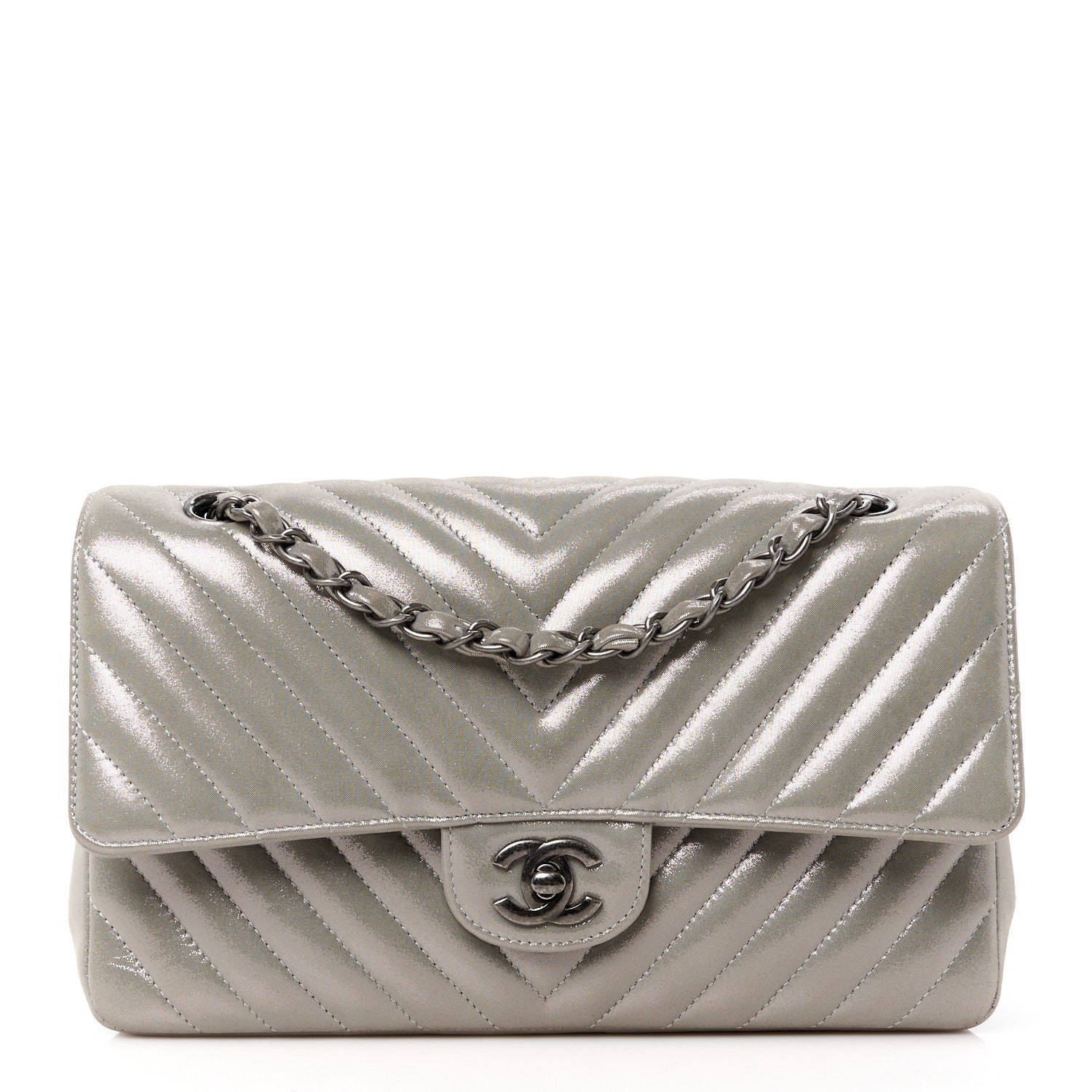 Chanel Iridescent Calfskin Chevron Quilted Medium Double Flap Silver 1 of 13