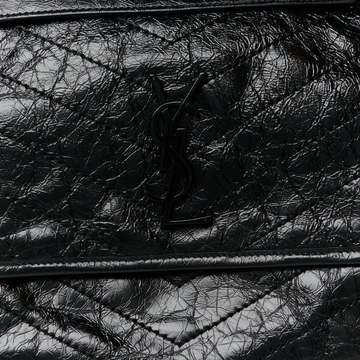 Crinkled Calfskin Matelasse Monogram Medium Niki Chain Satchel Black