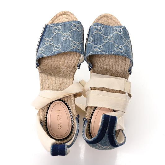 New Denim GG Monogram Pilar Ankle Wrap Espadrille Wedge Sandals 36.5 Light Blue