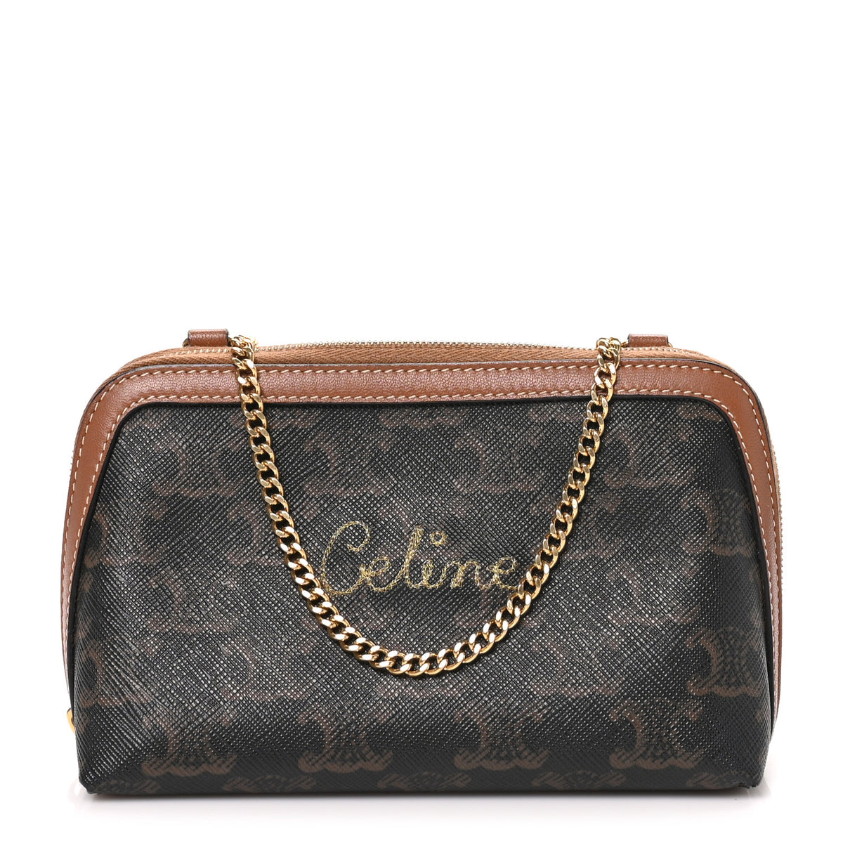 Celine Lambskin Triomphe Canvas Embroidered Logo Clutch With Chain Tan 1 of 8