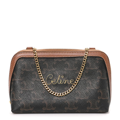 Celine Lambskin Triomphe Canvas Embroidered Logo Clutch With Chain Tan 1 of 8