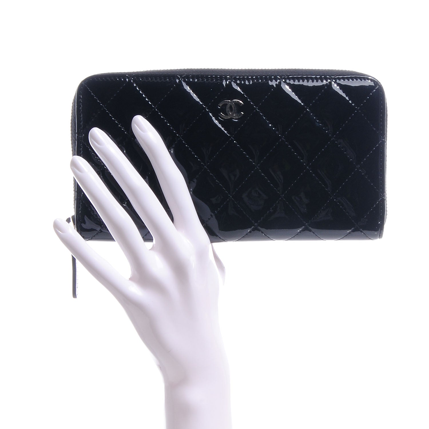 Chanel Patent Quilted Zip Around Wallet Black 2 of 9