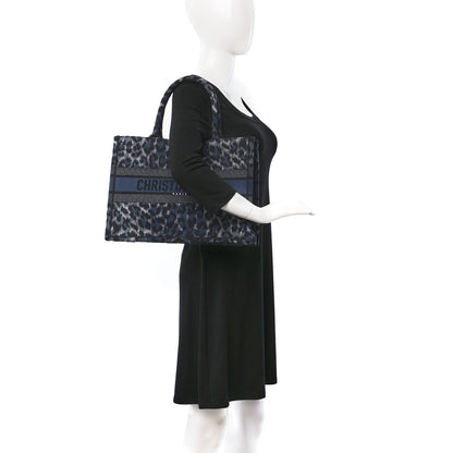 Christian Dior Canvas Mizza Embroidered Medium Leopard Book Tote Blue 2 of 9