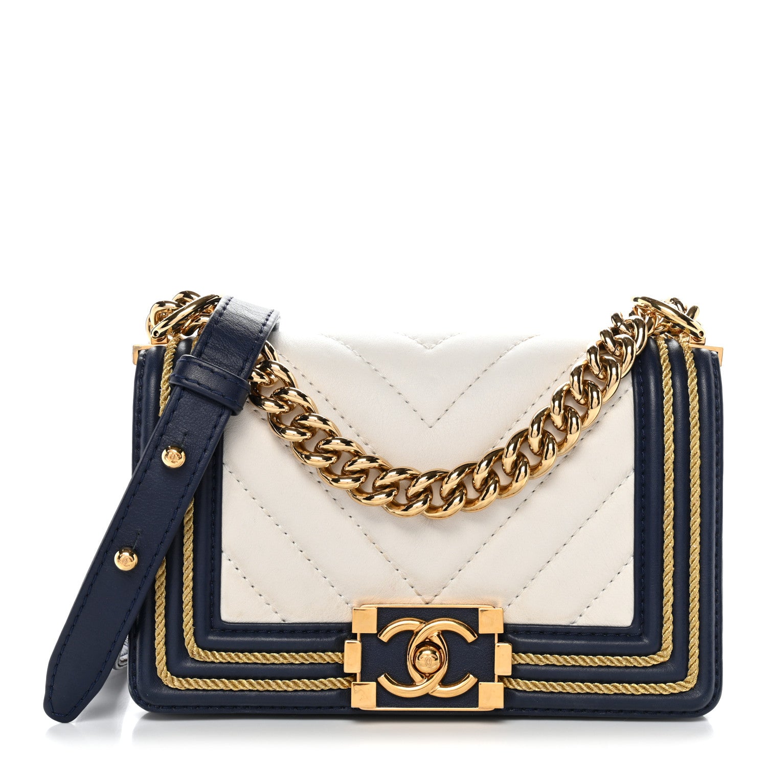 Chanel Calfskin Chevron Quilted Braided Small Boy Flap White Navy 1 of 12