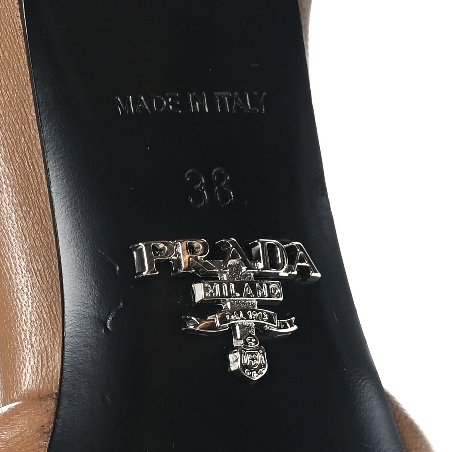 Prada Nappa Soft Padded Metal Triangle Logo 65mm Slide Sandals 38 Caramel 7 of 7