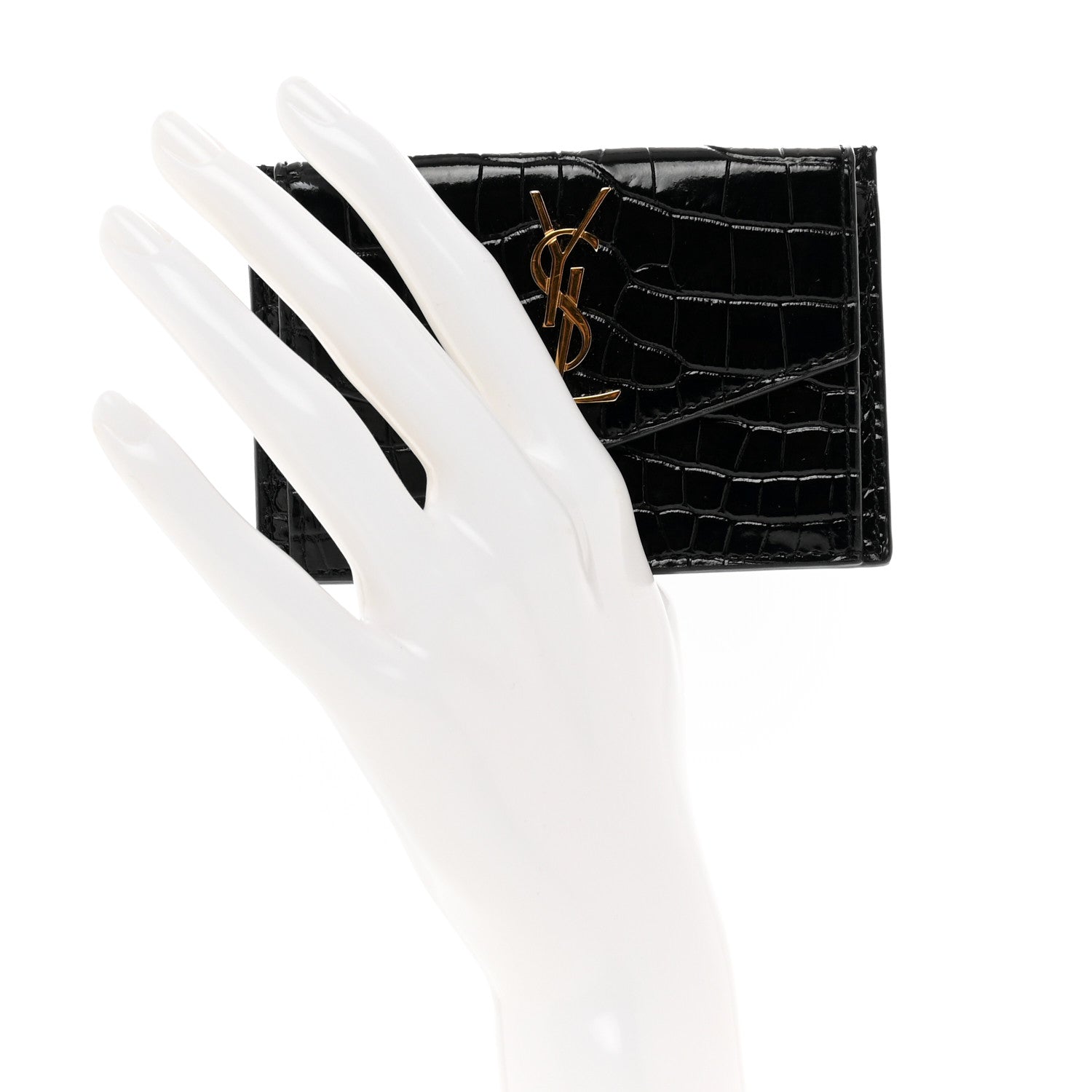 Saint Laurent Calfskin Crocodile Embossed Uptown Monogram Card Case Black 2 of 8