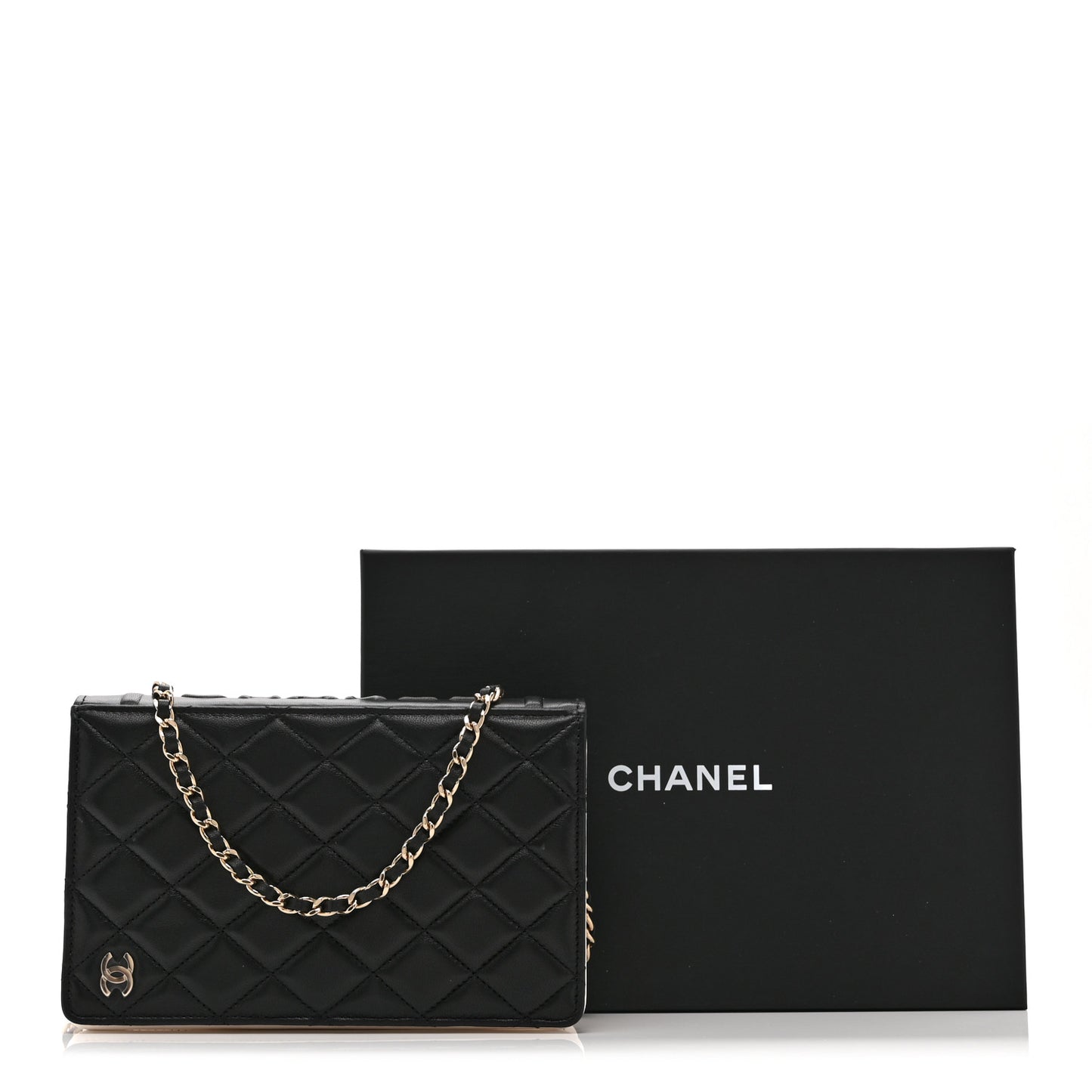 Lambskin Quilted Book Wallet On Chain WOC Black