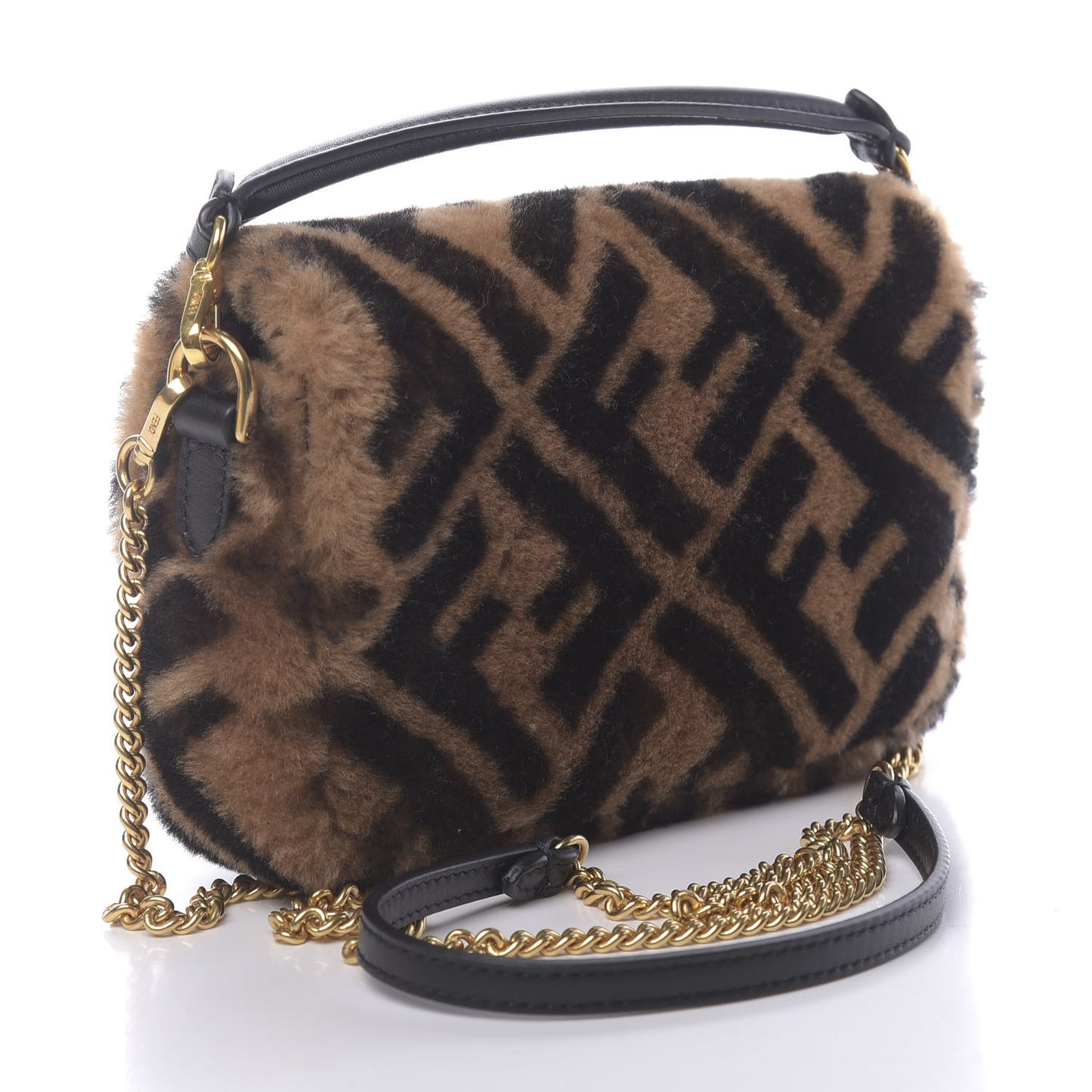 Shearling Vitello Dolce Macro FF 1974 Mini Baguette Tobacco Black