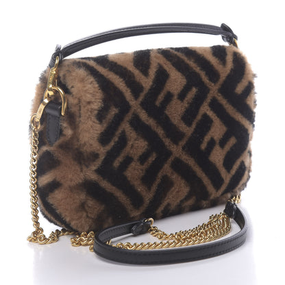 Fendi Shearling Vitello Dolce Macro FF 1974 Mini Baguette Tobacco Black 3 of 11