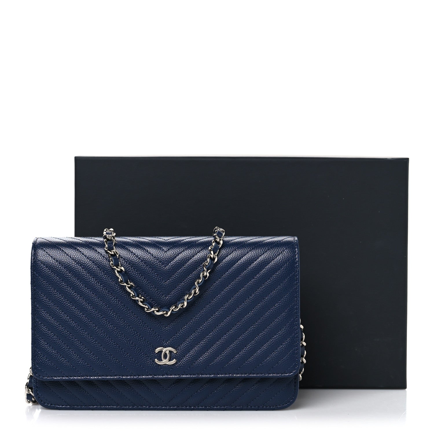 Chanel Caviar Chevron Quilted Wallet On Chain WOC Navy 12 of 12