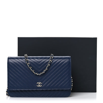 Chanel Caviar Chevron Quilted Wallet On Chain WOC Navy 12 of 12
