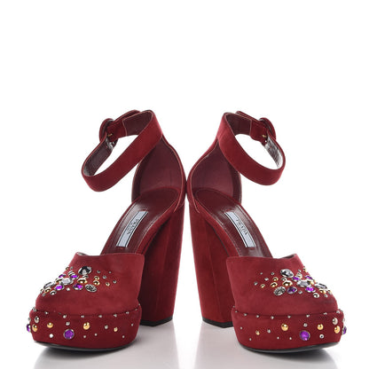 Prada Suede Crystal Embellished Platform Sandals 37.5 Burgundy 6 of 10