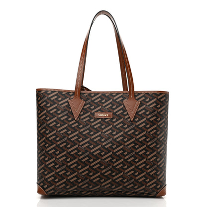 Versace Coated Canvas Calfskin La Greca Signature Shopper Tote Bag Black Caramel 3 of 10