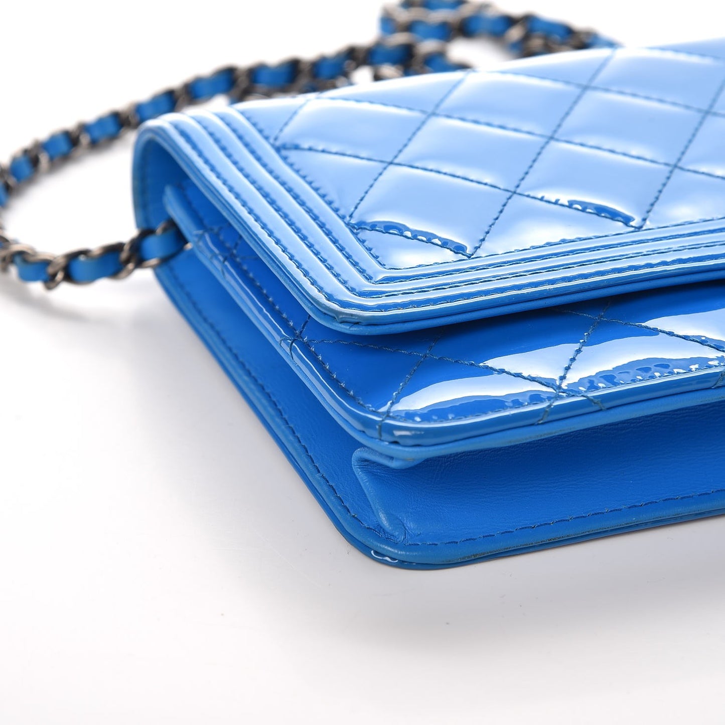 Patent Calfskin Quilted Boy Wallet On Chain WOC Blue