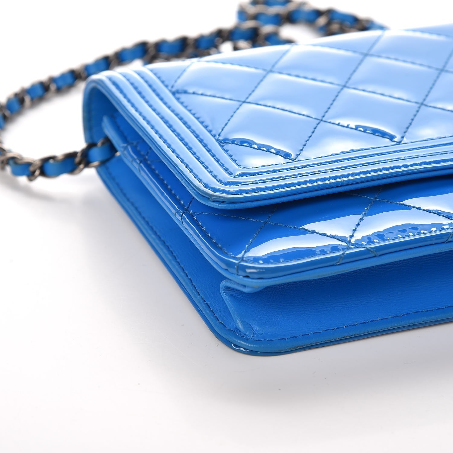 Chanel Patent Calfskin Quilted Boy Wallet On Chain WOC Blue 10 of 11
