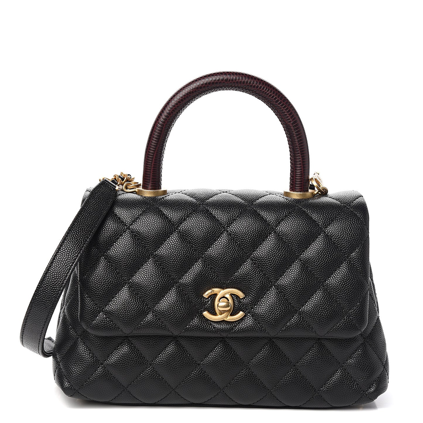 Caviar Lizard Embossed Quilted Mini Coco Handle Flap Black