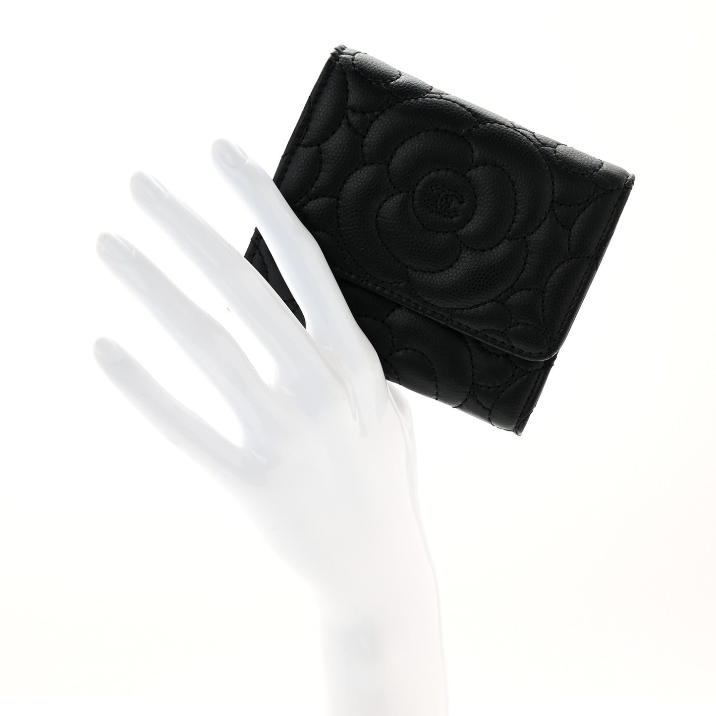 Caviar Camellia Embossed Compact Wallet Black