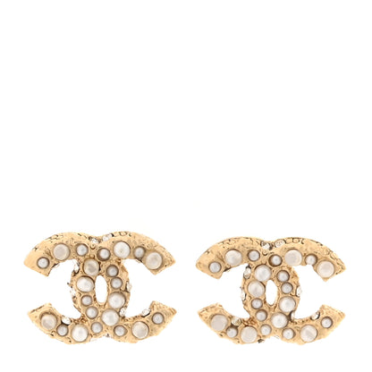Chanel Pearl Crystal CC Stud Earrings Gold 1 of 4