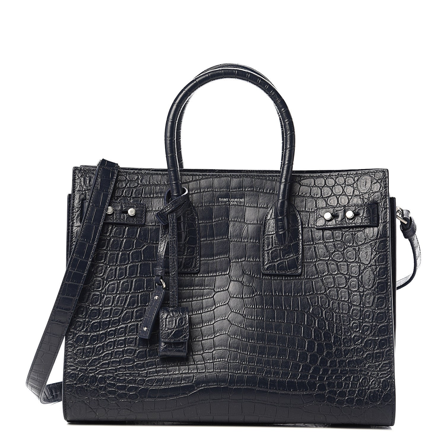 Saint Laurent Calfskin Crocodile Embossed Small Supple Sac de Jour Navy 1 of 8