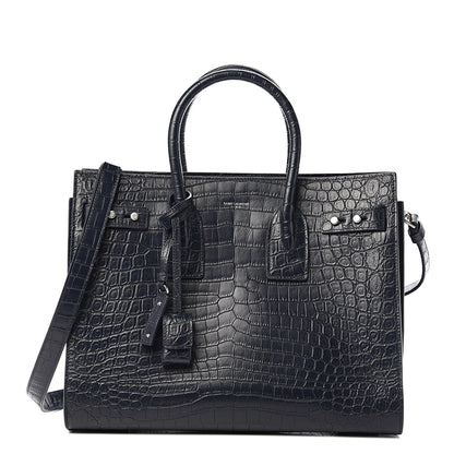 Saint Laurent Calfskin Crocodile Embossed Small Supple Sac de Jour Navy 1 of 8