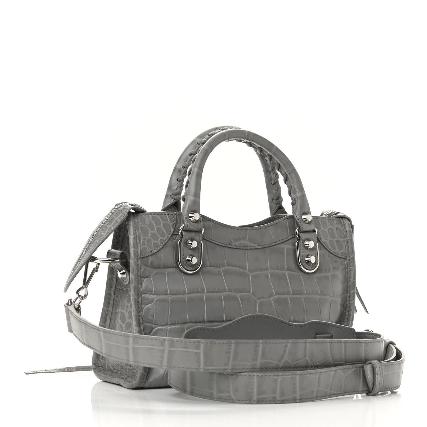 Calfskin Crocodile Embossed Silver Metallic Edge Hardware Mini City Haussmannien