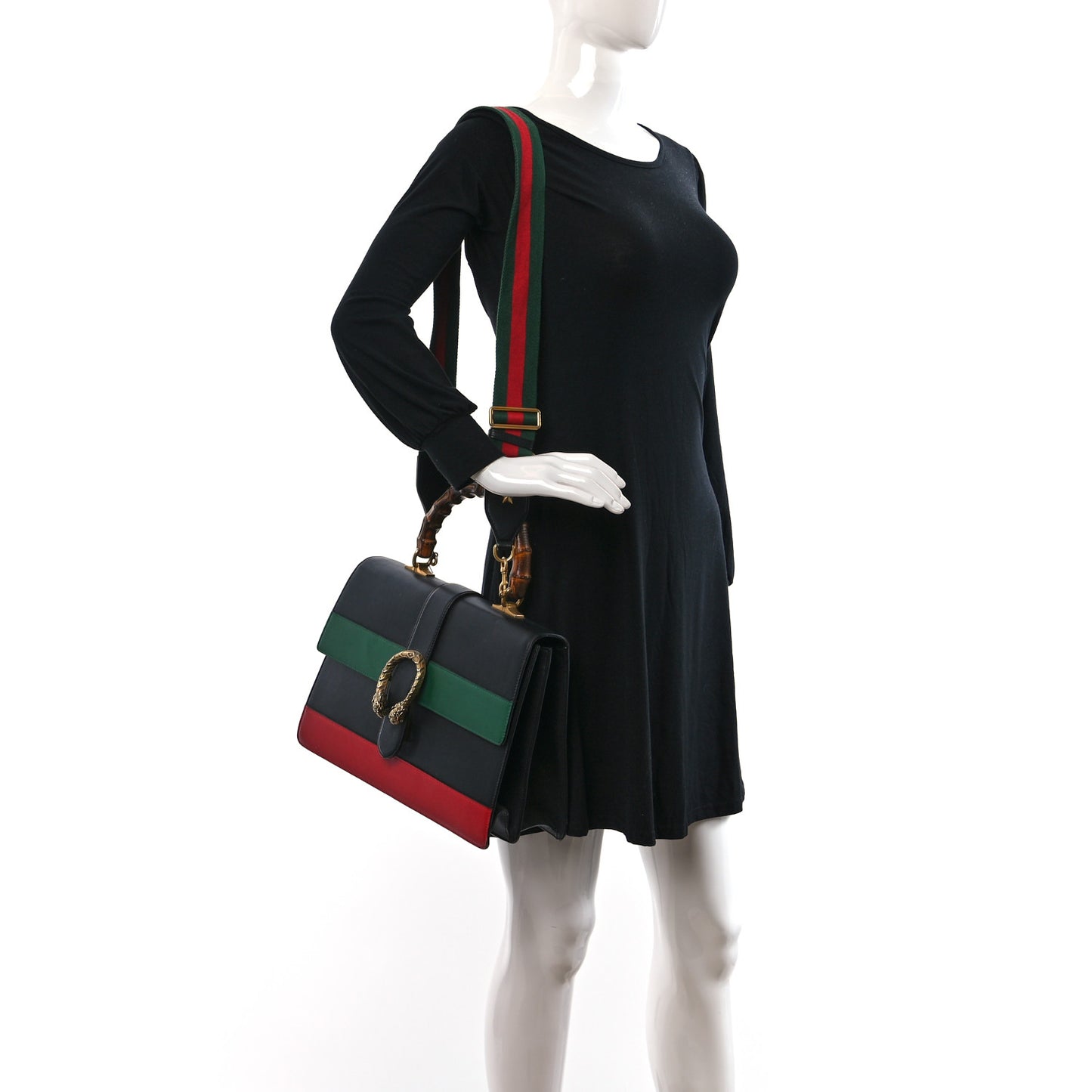 Calfskin Bamboo Web Large Dionysus Top Handle Bag Black Bright Evergreen Hibiscus Red