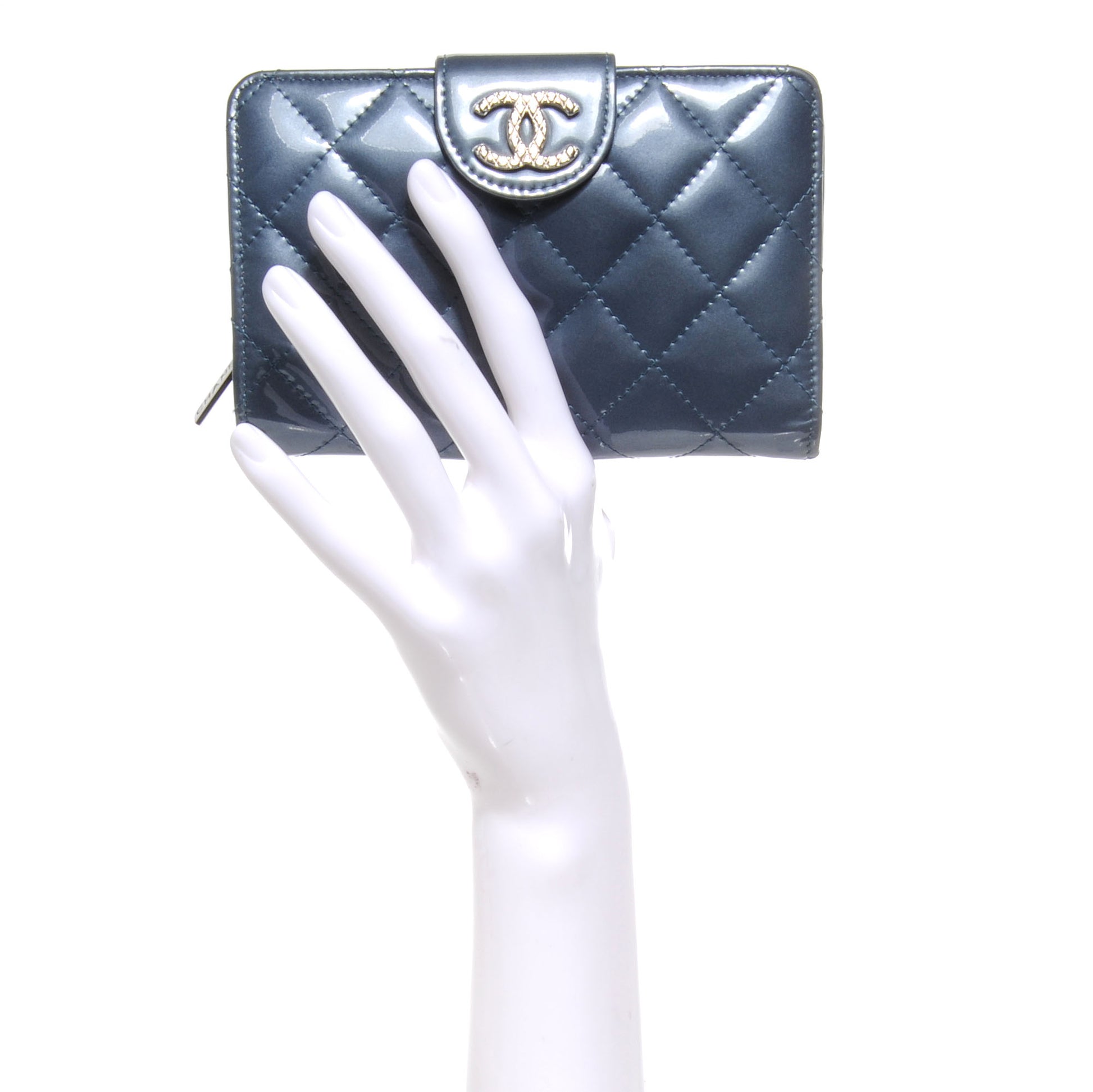 Chanel Patent Quilted Compact Zip Wallet Blue 2 of 9