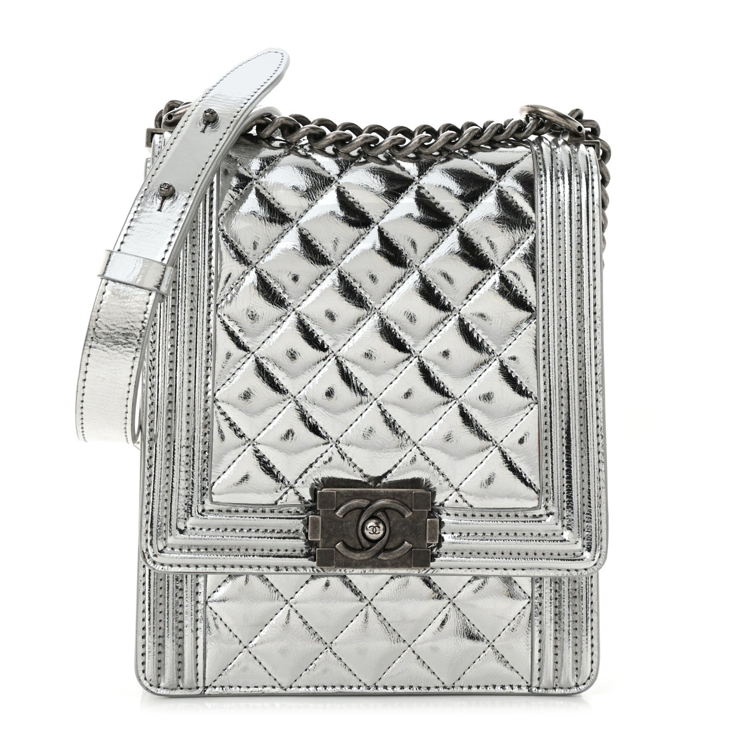 Metallic Goatskin Quilted North South Boy Flap Silver