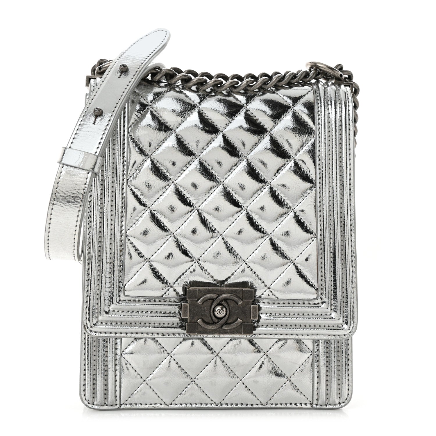 Chanel Metallic Goatskin Quilted North South Boy Flap Silver 1 of 12