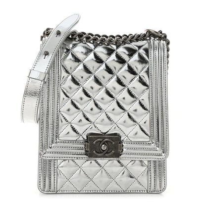 Chanel Metallic Goatskin Quilted North South Boy Flap Silver 1 of 12