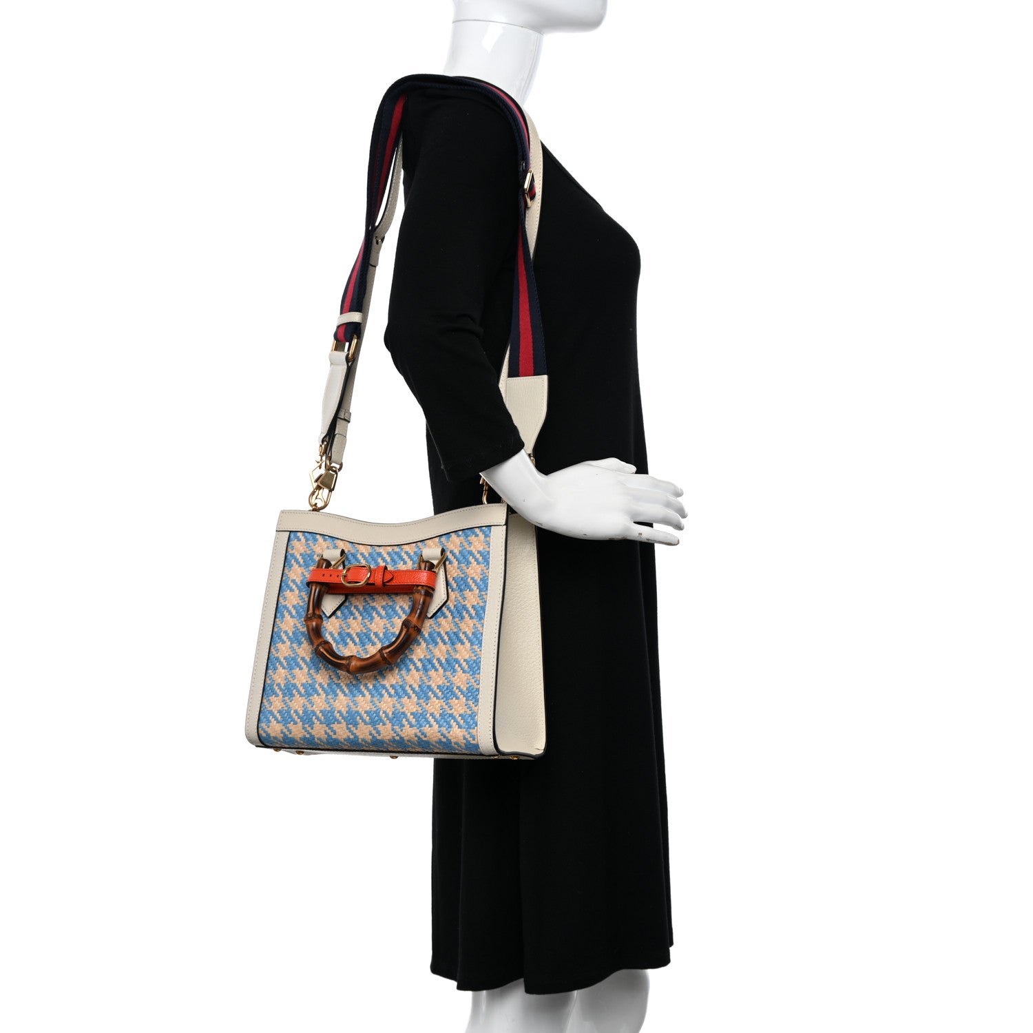 Gucci Raffia Textured Dollar Calfskin Web Houndstooth Small Diana Tote Bag Light Blue Natural Deep Orange 2 of 9