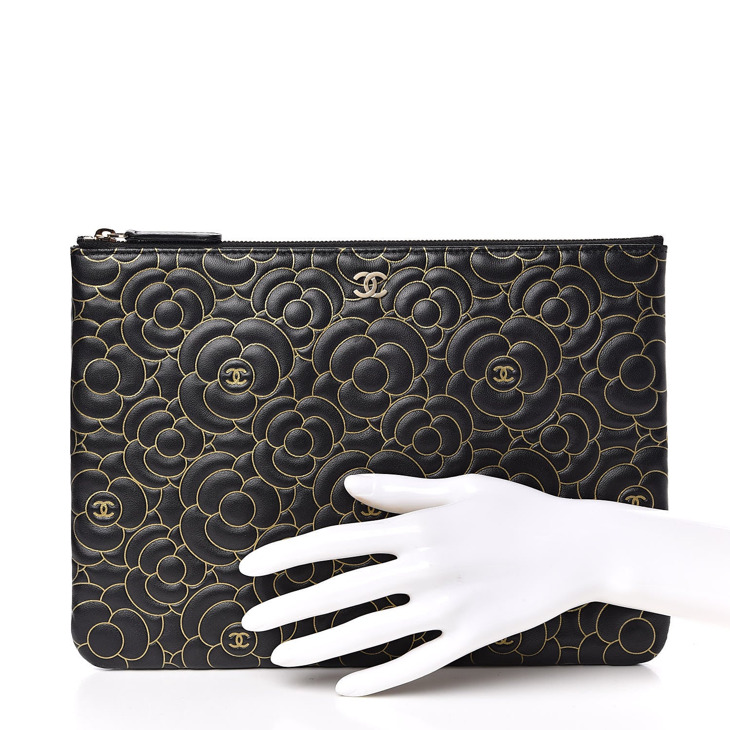 Chanel Lambskin Camellia Embossed Medium Cosmetic Case Black Gold 2 of 7