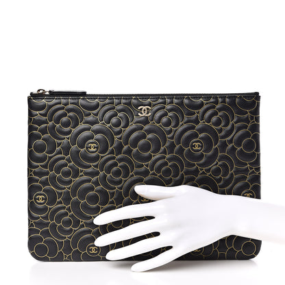Chanel Lambskin Camellia Embossed Medium Cosmetic Case Black Gold 2 of 7