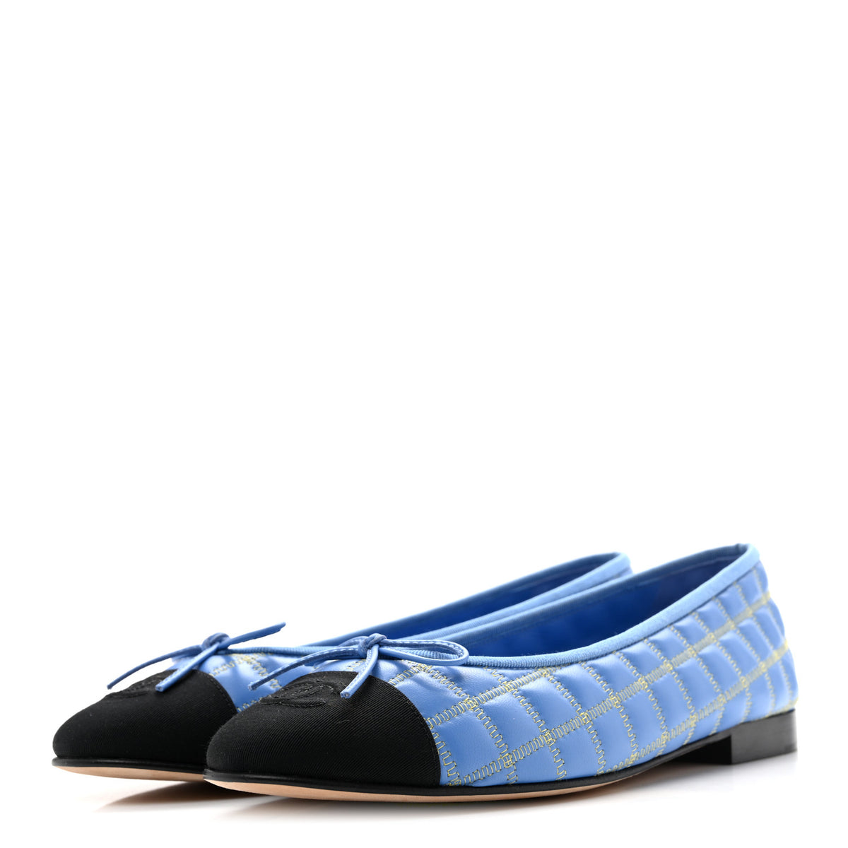 Lambskin Embroidered Grosgrain Cap Toe CC Ballerina Flats 40 Blue Yellow Black