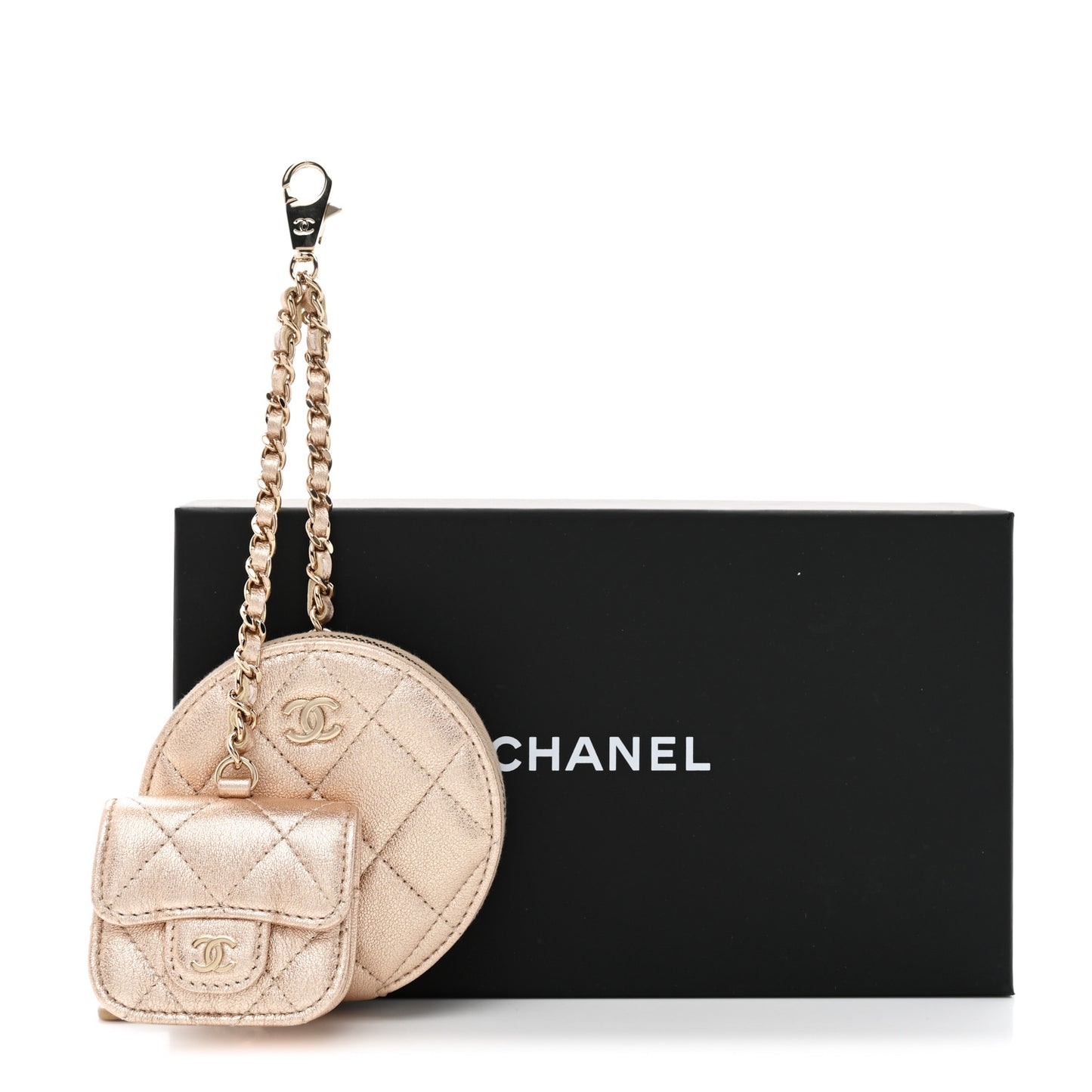 Metallic Lambskin Quilted Round Clip On Coin Purse Airpods Case Gold