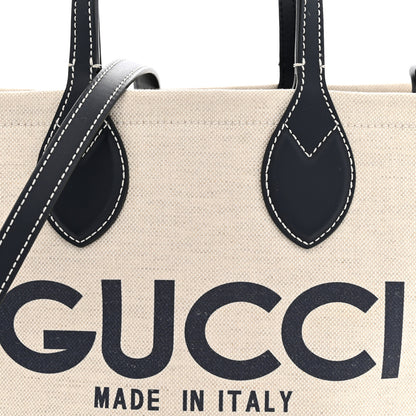 Gucci Canvas Calfskin Logo Print Medium Tote Bag Navy 9 of 12