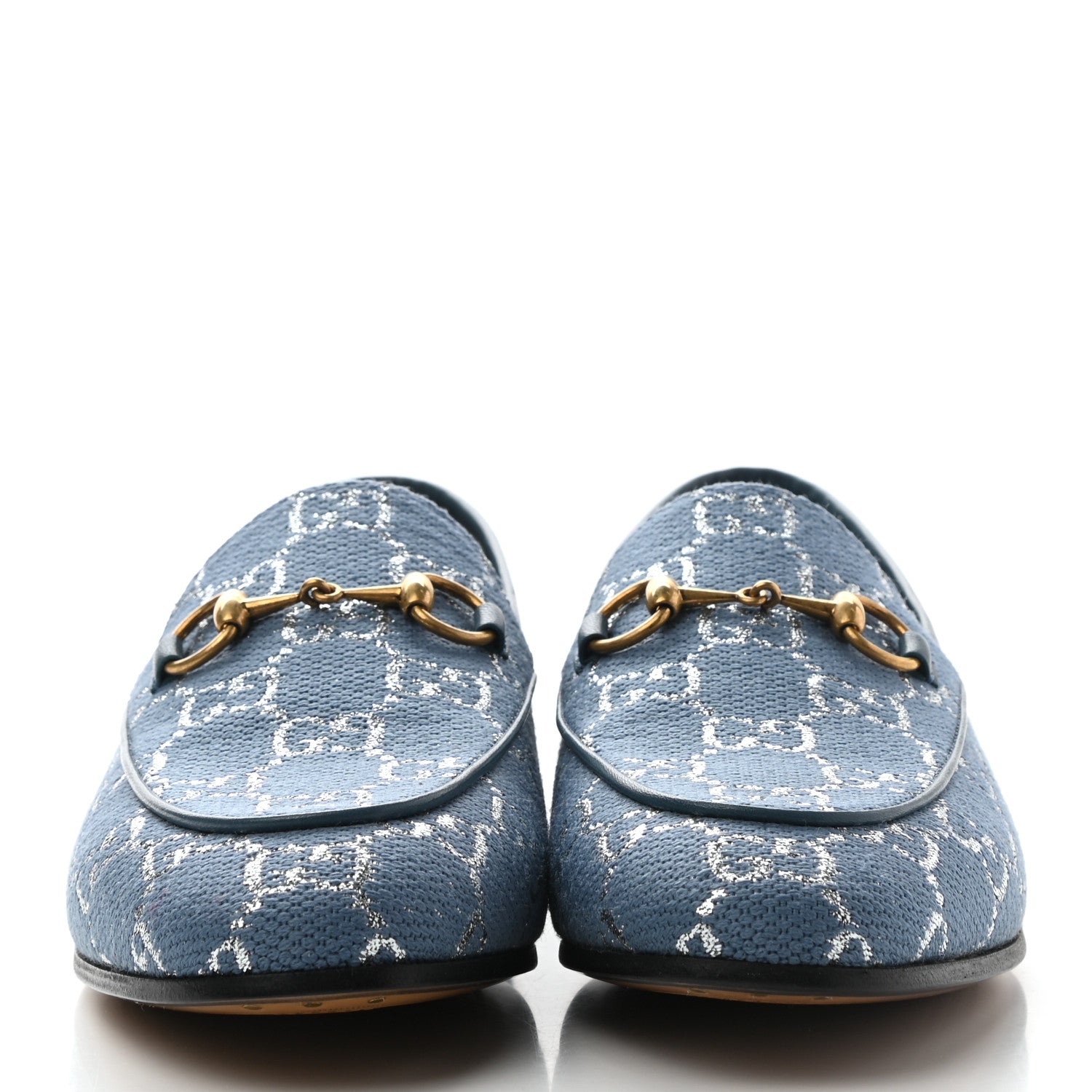 Gucci Canvas Lame GG Monogram Horsebit Womens Jordaan Loafers 37 Blue Silver 2 of 8
