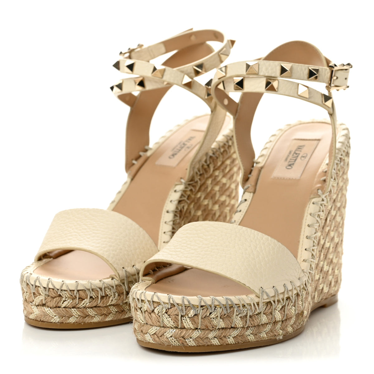 Valentino Garavani Grained Calfskin Rockstud Ankle Strap Espadrille 15/105mm Wedge Sandals 36 Light Ivory Natural 4 of 10