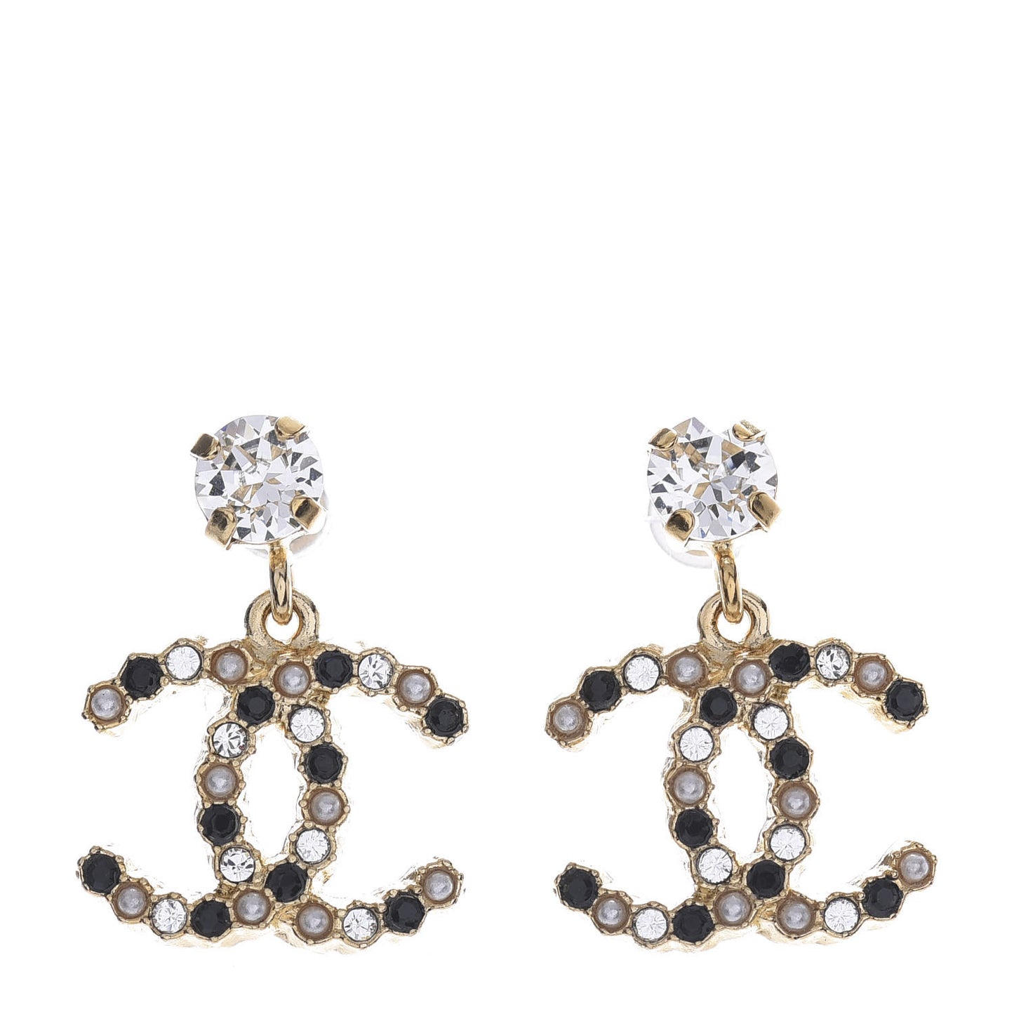 Resin Crystal Pearl CC Drop Earrings Gold Black