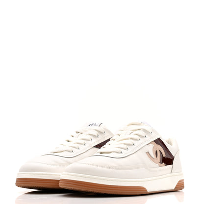 Chanel Calfskin Patent Womens CC Sneakers 37 White Burgundy Beige 4 of 10