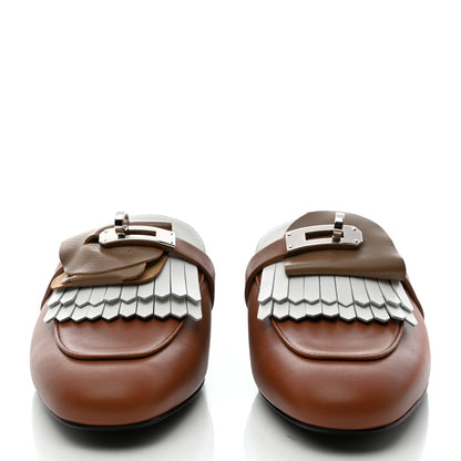 Hermes Calfskin Fringed Oz Mules 36 Gold White 2 of 9