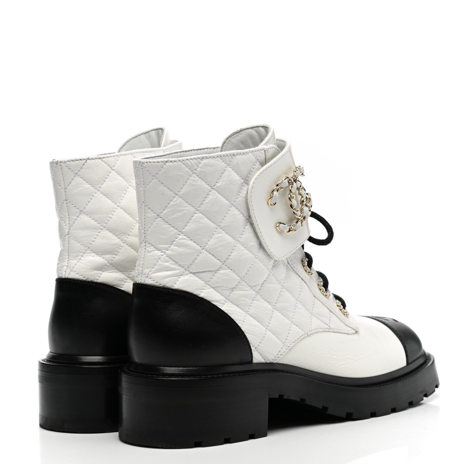 Chanel Shiny Goatskin Calfskin Quilted Lace Up Combat Boots 40.5 Black White 4 of 9
