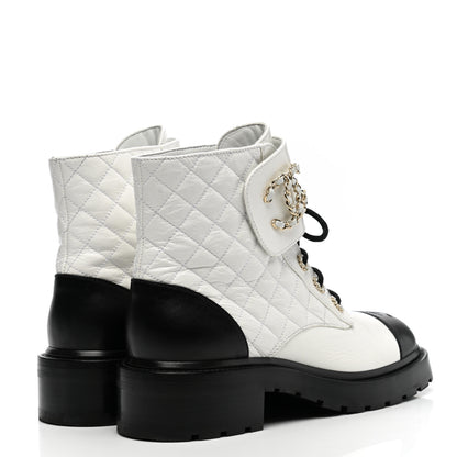 Chanel Shiny Goatskin Calfskin Quilted Lace Up Combat Boots 40.5 Black White 4 of 9
