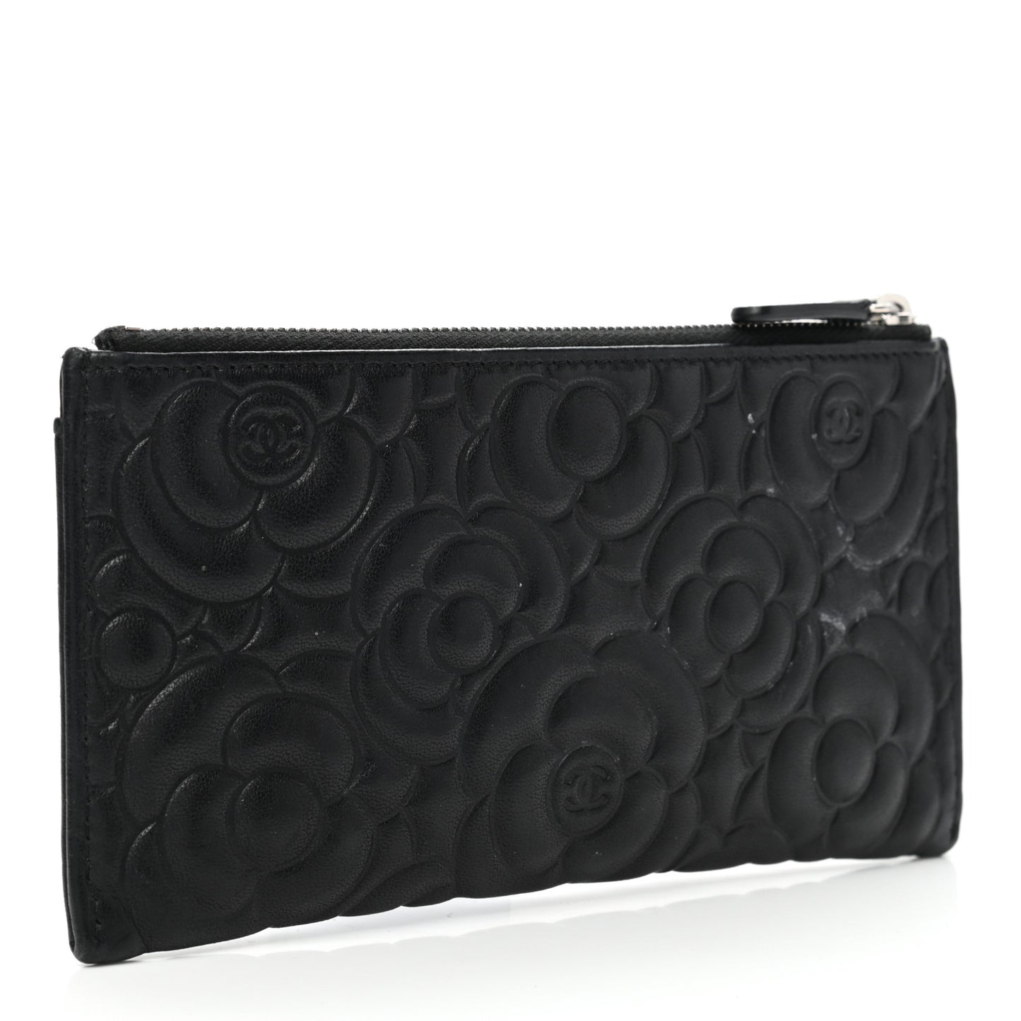 Goatskin Camellia Embossed Zip Pouch Black