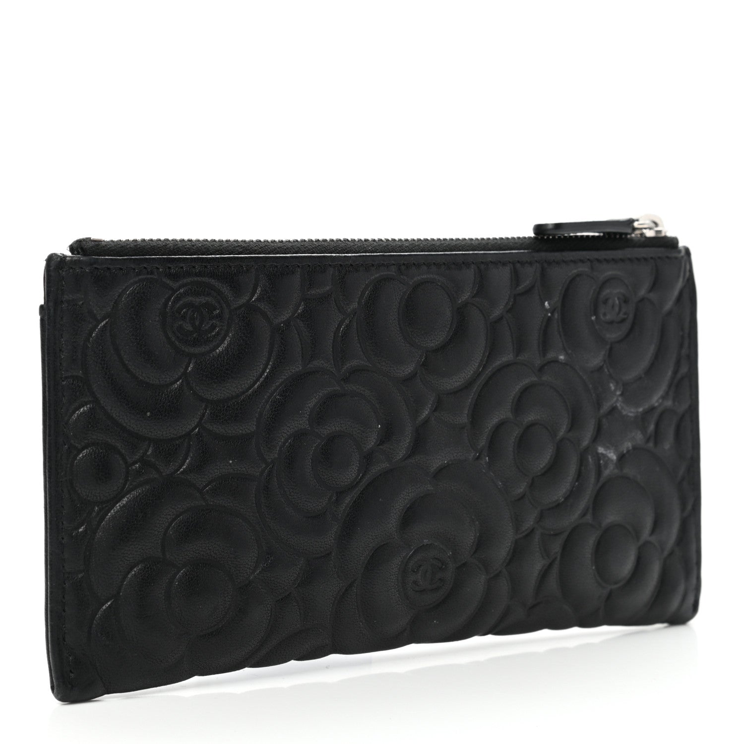 Chanel Goatskin Camellia Embossed Zip Pouch Black 3 of 9