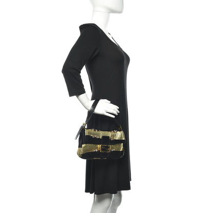 Fendi Metallic Calfskin Calf Hair Sequin Baguette Black Gold 2 of 12